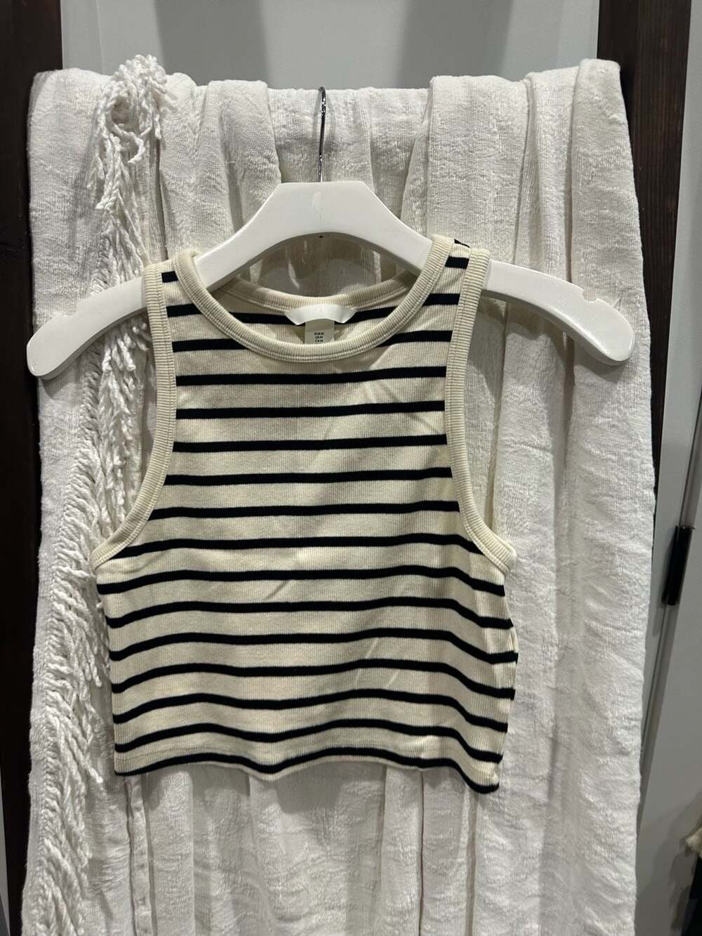 H&M Striped Cropped Tank Top Size M White Black Ribbed Racerback